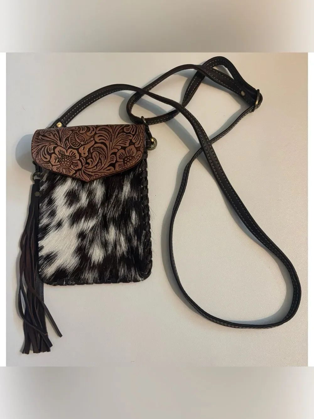 Hobo Ranch Shop Tooled Leather & Haircalf Crossbody Bag ~ Excellent